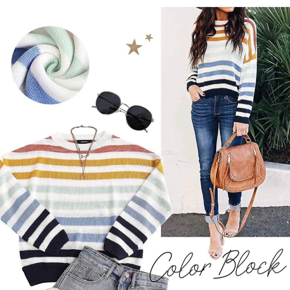 ZESICA Women's Long Sleeve Crew Neck Striped Color Block Casual Loose Knitted